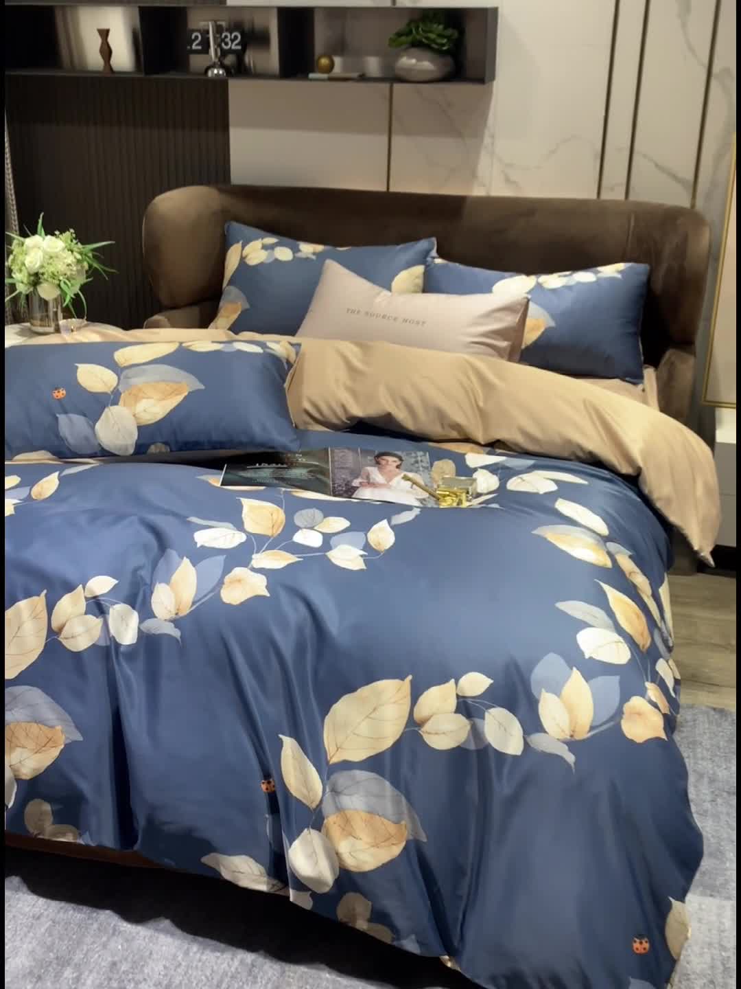 91家纺网 家纺一手货源 找家纺 凡客 2021春夏新款60支水洗真丝数码印花四件套轻奢风系列 叶语魅人