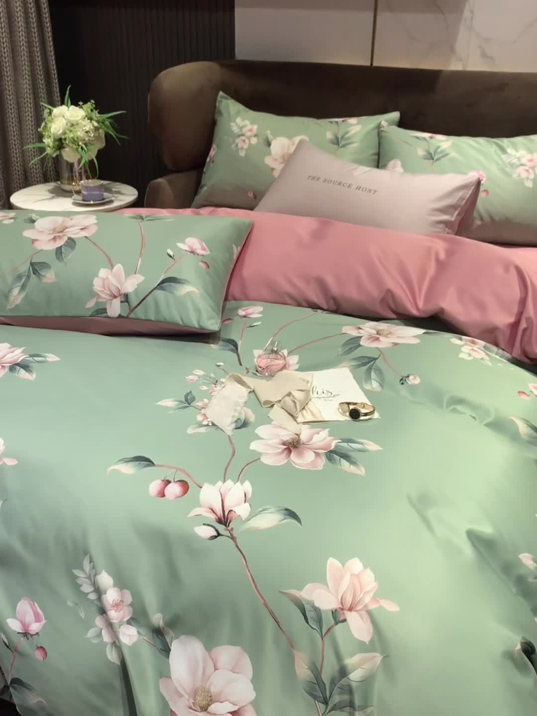 91家纺网 家纺一手货源 找家纺 凡客 2021春夏新款60支水洗真丝数码印花四件套轻奢风系列 晨露新装绿
