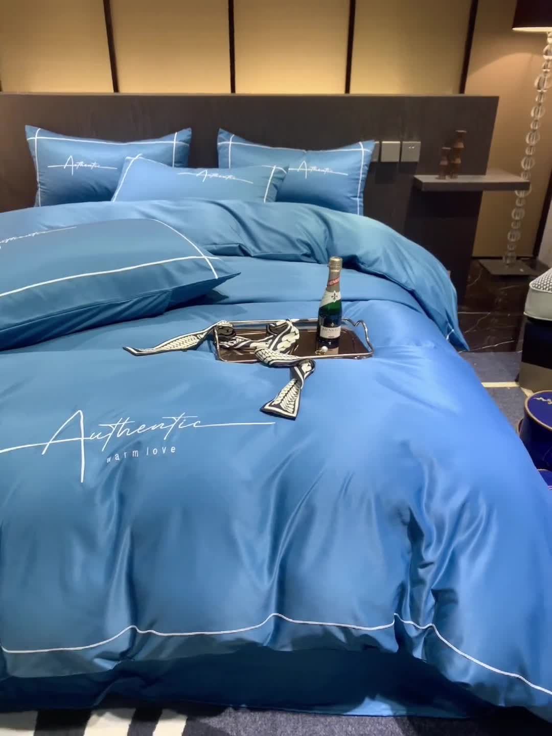 91家纺网 家纺一手货源 找家纺 凡客 2021春夏新款60支水洗真丝绣花四件套 圣卡罗-宝蓝