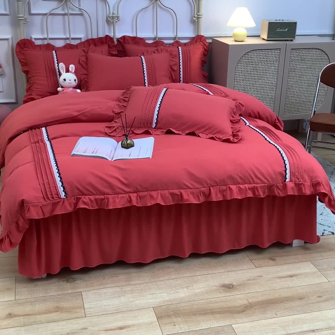 91家纺网 家纺一手货源 找家纺 绒兔兔2021韩版四季棉揪花工艺四件套砖红