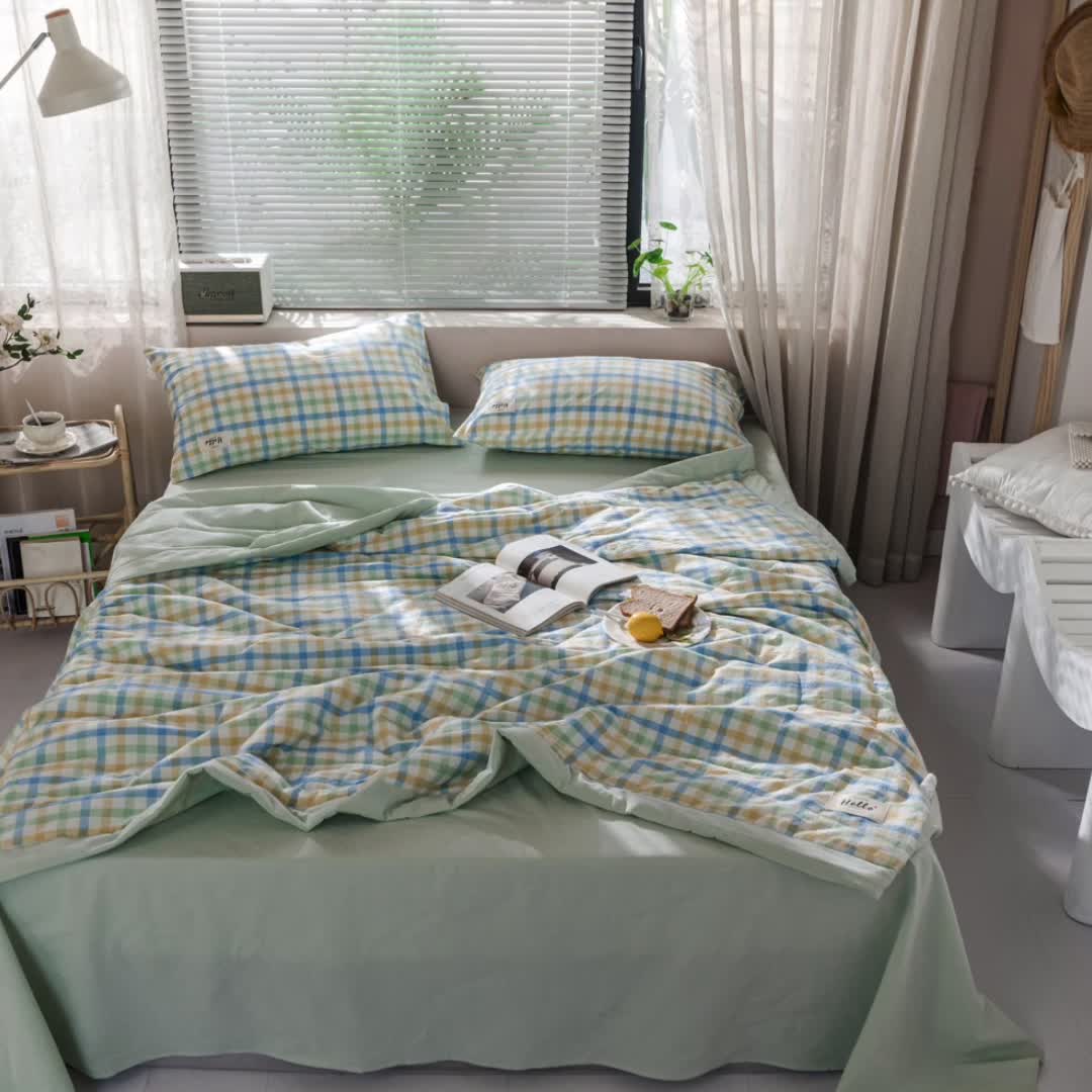 91家纺网 家纺一手货源 找家纺 久典 新款全棉色织水洗棉大豆被夏被四件套 彩虹格-绿