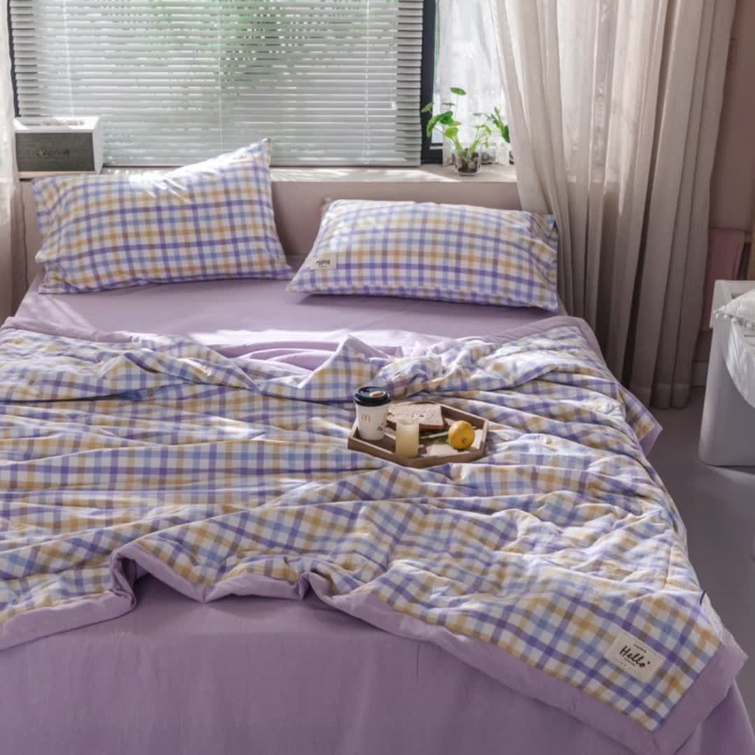 91家纺网 家纺一手货源 找家纺 久典 新款全棉色织水洗棉大豆被夏被四件套 彩虹格-紫