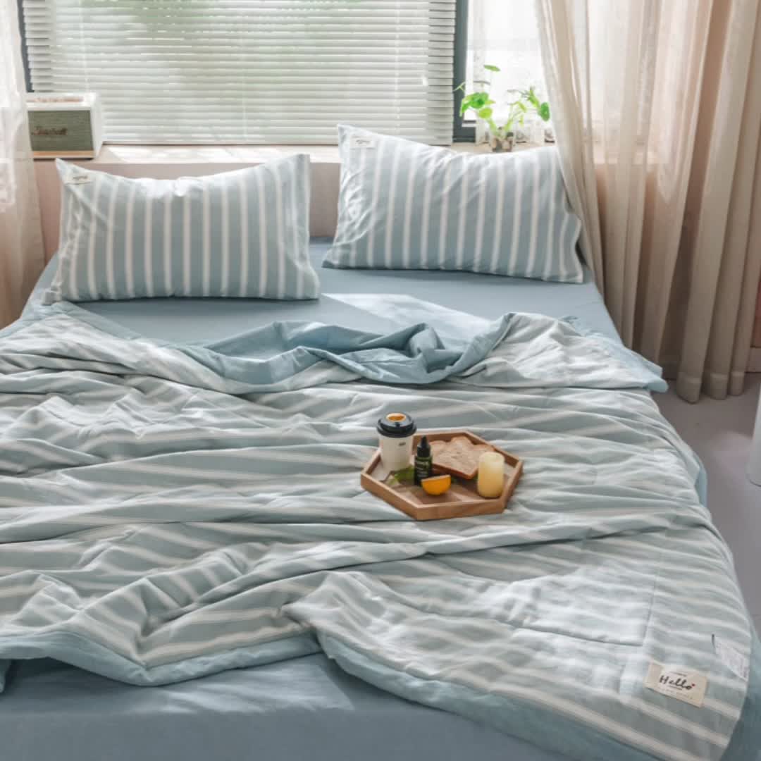 91家纺网 家纺一手货源 找家纺 久典 新款全棉色织水洗棉大豆被夏被四件套 蓝粗条