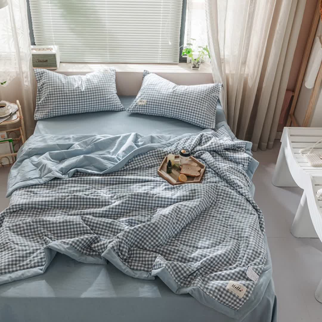 91家纺网 家纺一手货源 找家纺 久典 新款全棉色织水洗棉大豆被夏被四件套 蓝小格