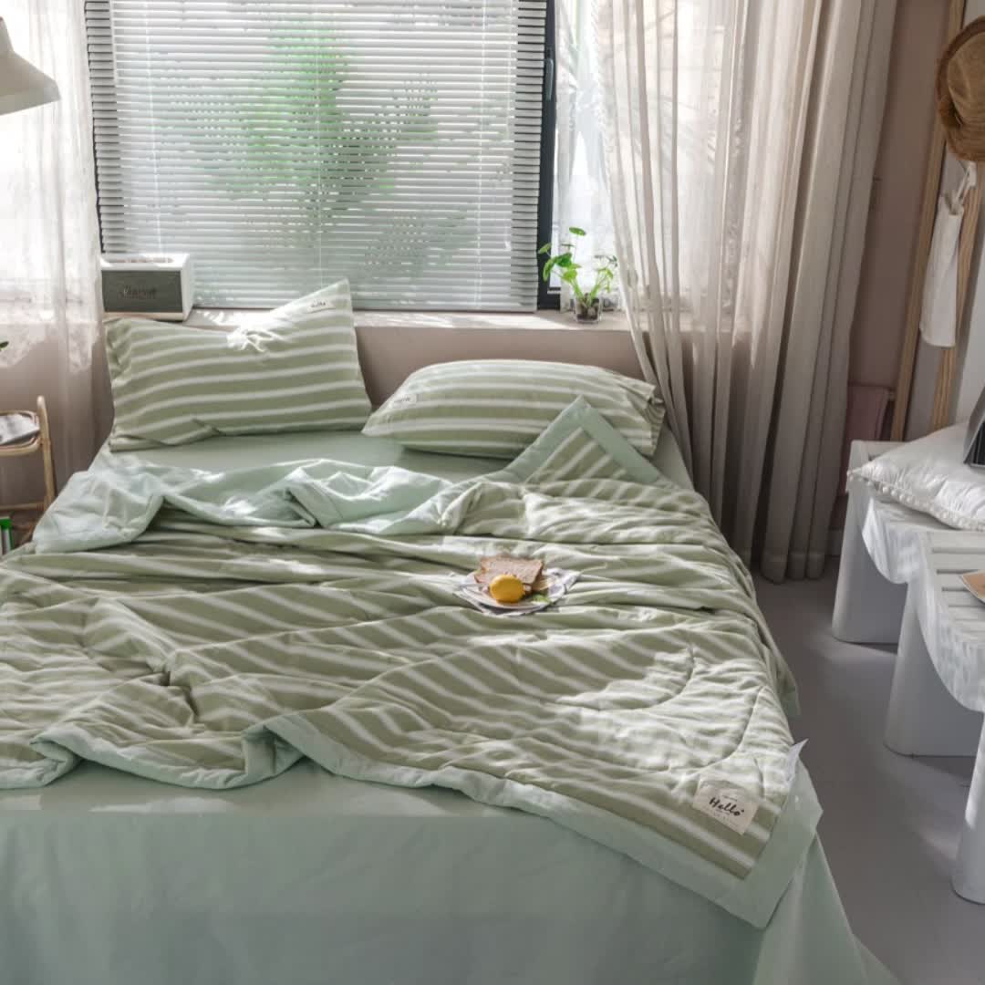 91家纺网 家纺一手货源 找家纺 久典 新款全棉色织水洗棉大豆被夏被四件套 绿粗条