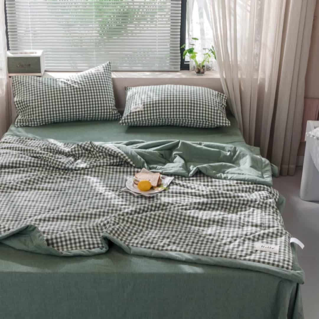 91家纺网 家纺一手货源 找家纺 久典 新款全棉色织水洗棉大豆被夏被四件套 绿小格