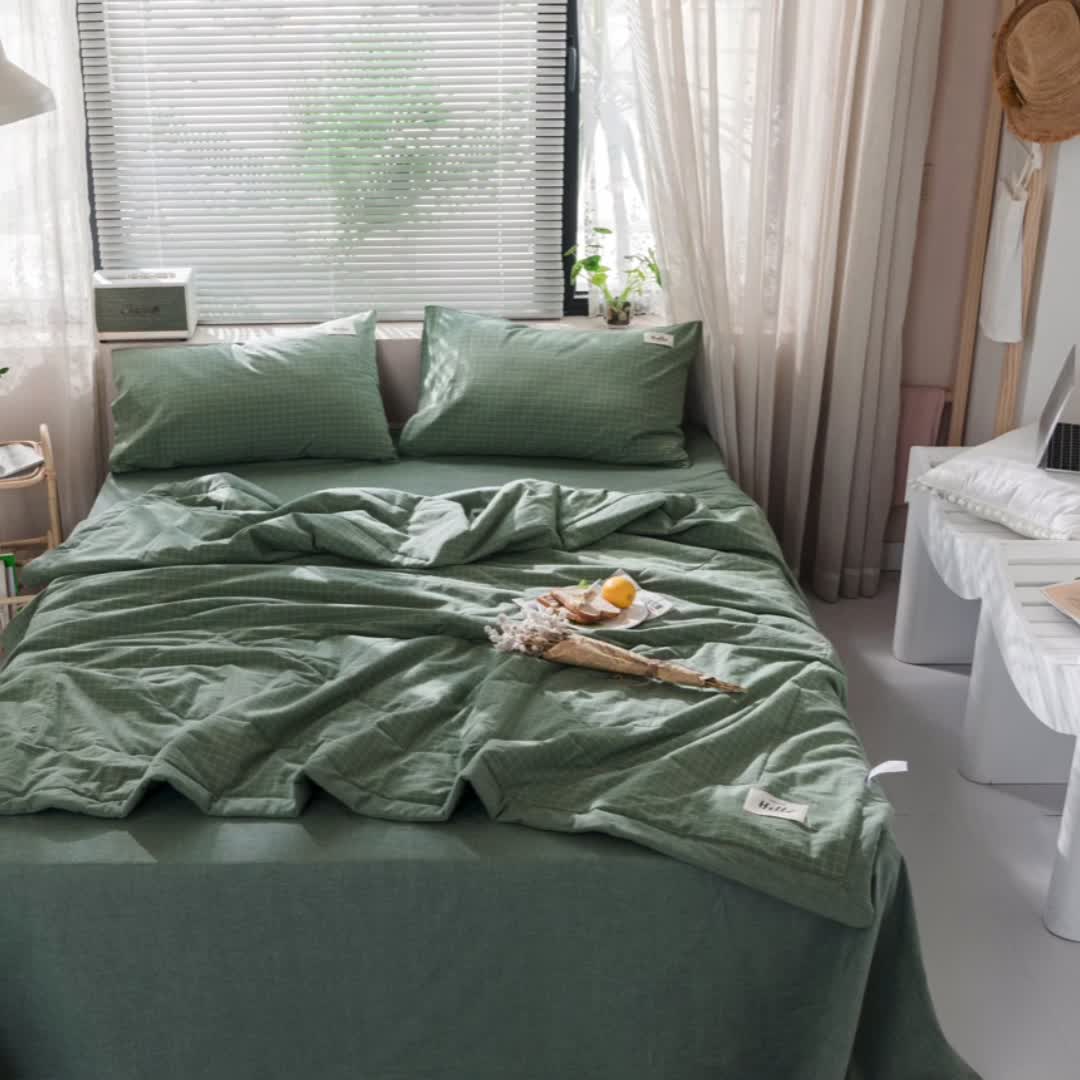 91家纺网 家纺一手货源 找家纺 久典 新款全棉色织水洗棉大豆被夏被四件套 浓绿格