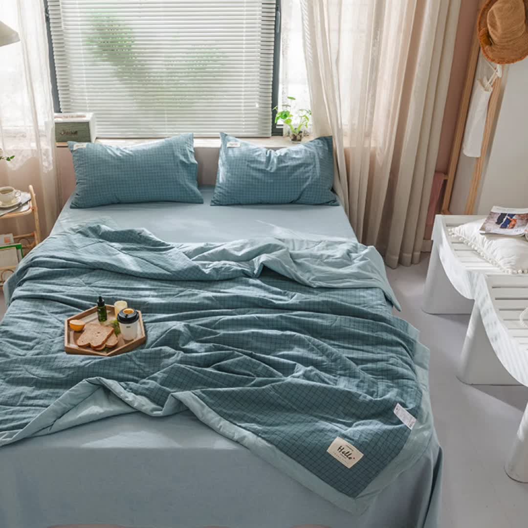 91家纺网 家纺一手货源 找家纺 久典 新款全棉色织水洗棉大豆被夏被四件套 雾蓝格