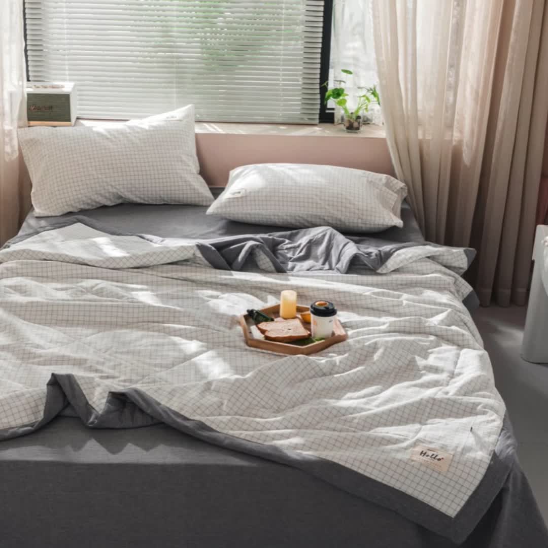 91家纺网 家纺一手货源 找家纺 久典 新款全棉色织水洗棉大豆被夏被四件套 小白格