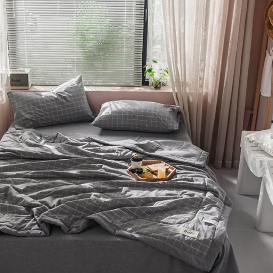 91家纺网 家纺一手货源 找家纺 久典 新款全棉色织水洗棉大豆被夏被四件套 中灰格