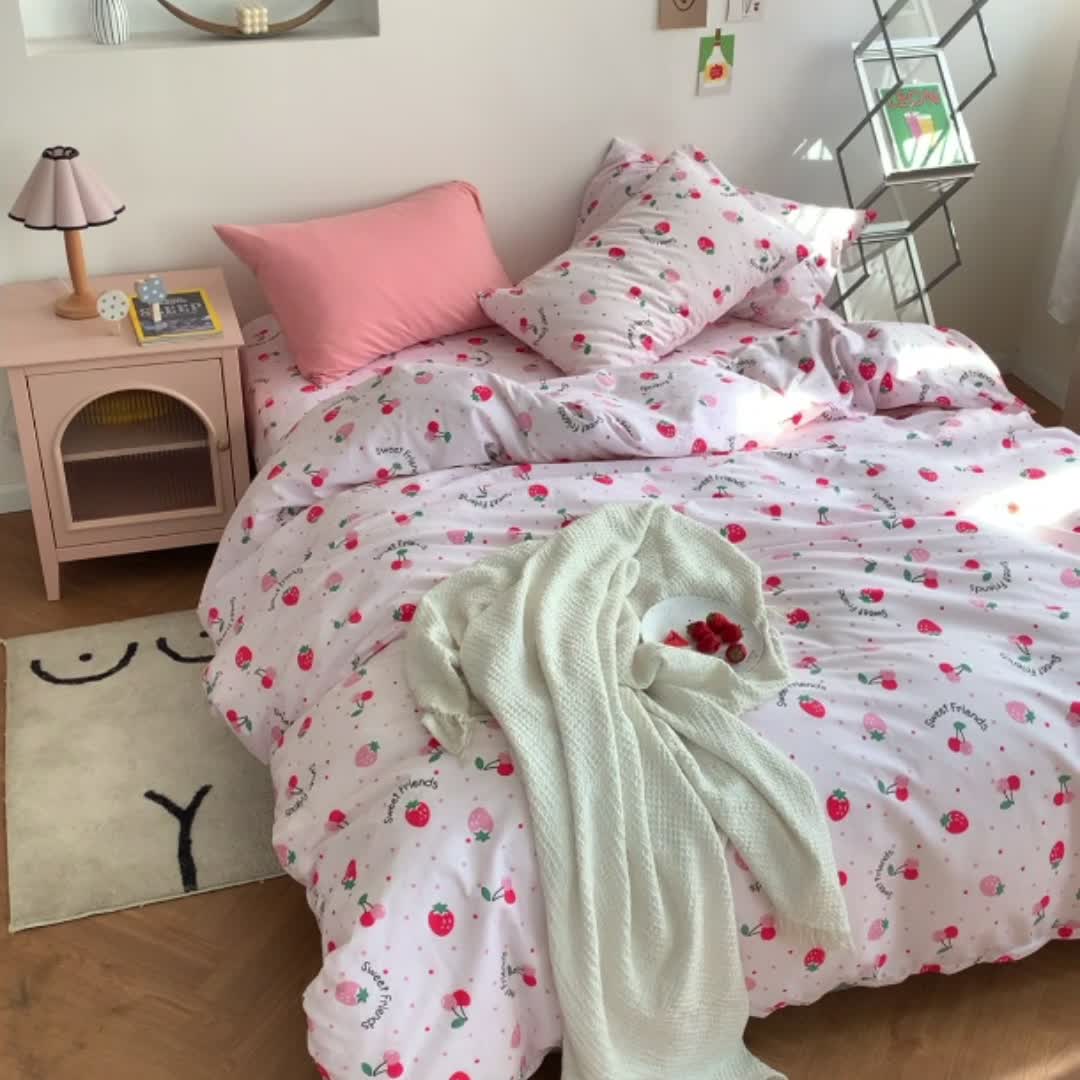 91家纺网 家纺一手货源 找家纺 怡家居 2021新款全棉田园四件套 草莓A