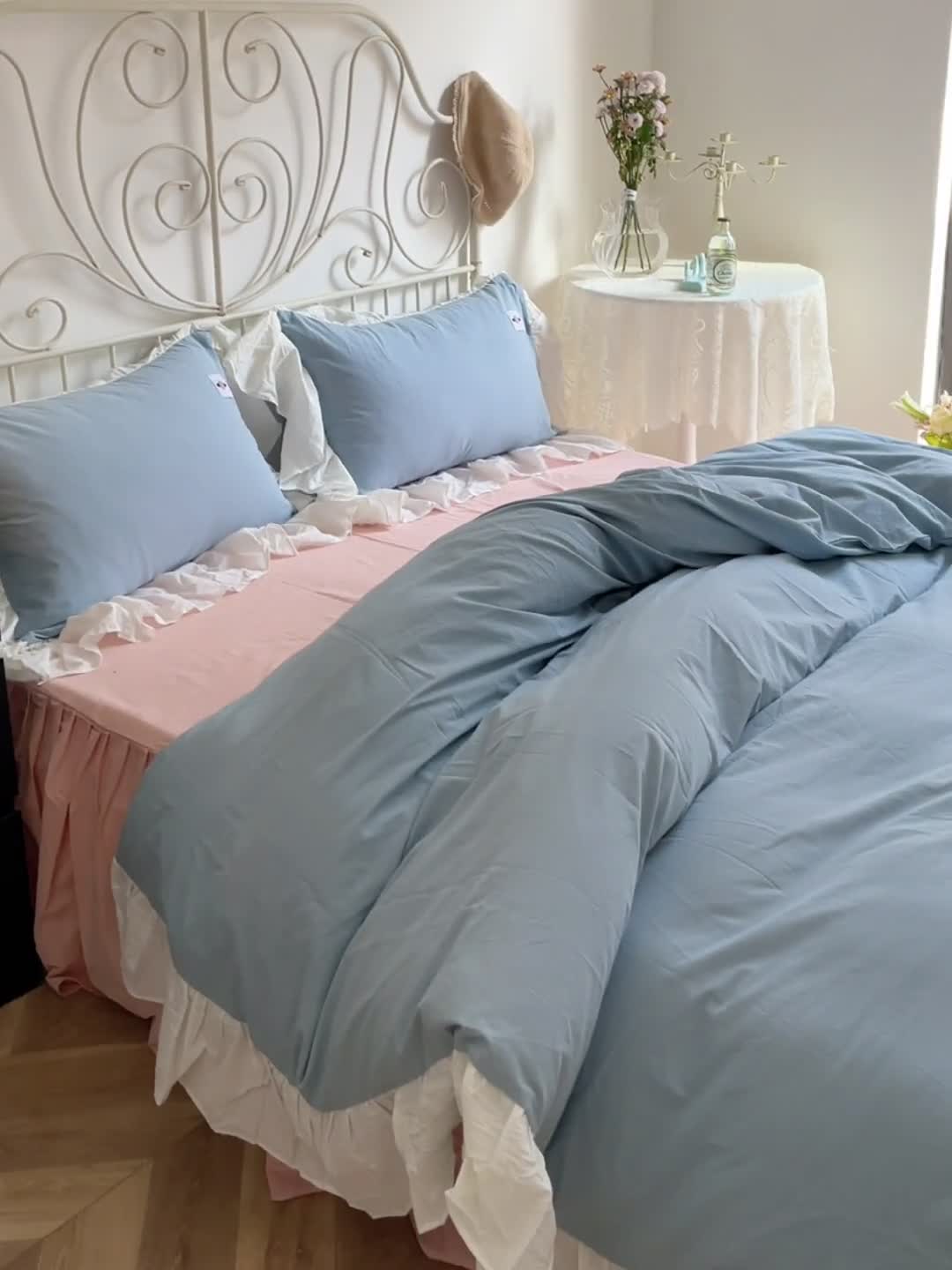 91家纺网 家纺一手货源 找家纺 洋铭区 2021新款法式清新水洗棉四件套 可可蓝
