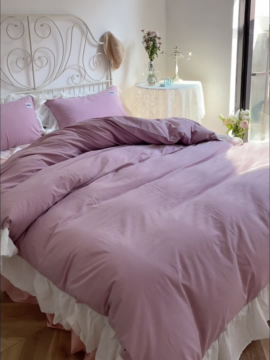 91家纺网 家纺一手货源 找家纺 洋铭区 2021新款法式清新水洗棉四件套 可可紫