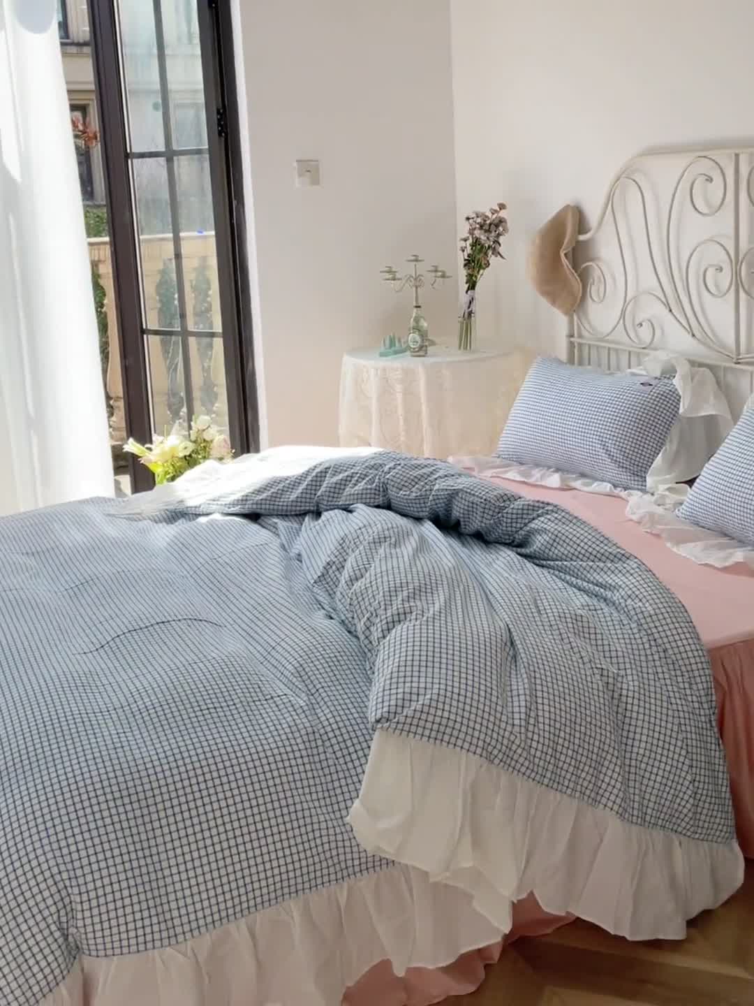 91家纺网 家纺一手货源 找家纺 洋铭区 2021新款法式清新水洗棉四件套 蓝莓格