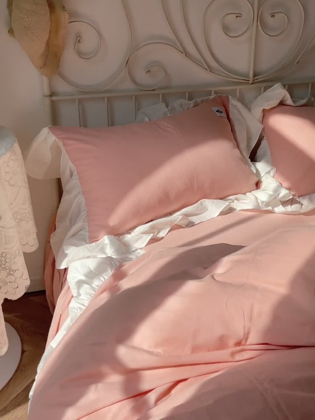 91家纺网 家纺一手货源 找家纺 洋铭区 2021新款法式清新水洗棉四件套 暖心粉