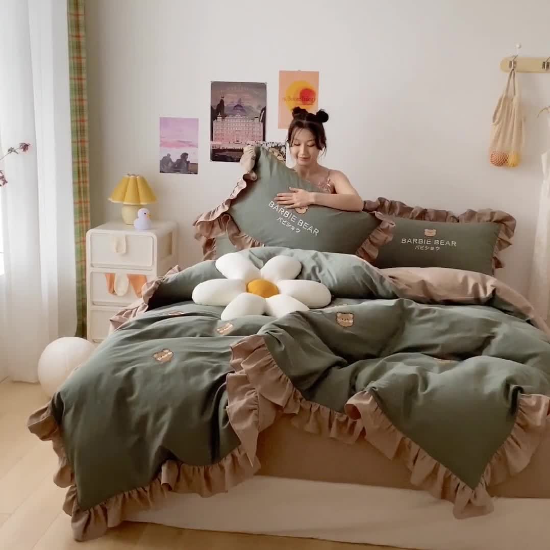 91家纺网 家纺一手货源 找家纺 蓝巢2021新款全棉水洗棉刺绣四件套公主风系列芭比熊