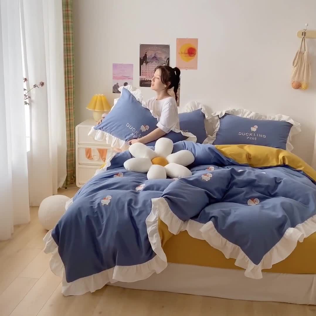 91家纺网 家纺一手货源 找家纺 蓝巢2021新款全棉水洗棉刺绣四件套公主风系列奔跑鸭鸭