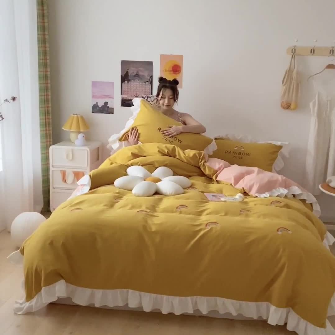 91家纺网 家纺一手货源 找家纺 蓝巢2021新款全棉水洗棉刺绣四件套公主风系列彩虹朵