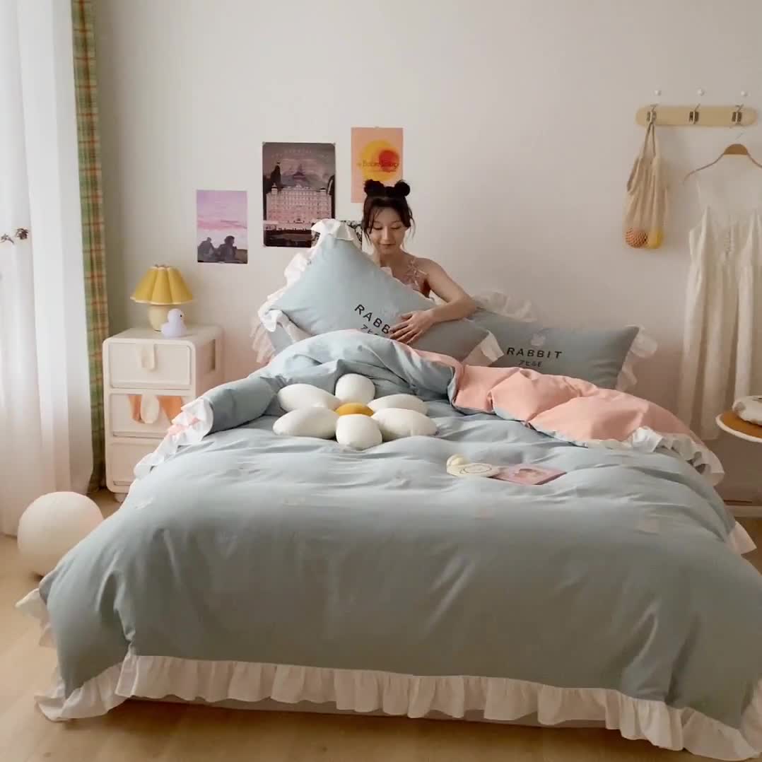 91家纺网 家纺一手货源 找家纺 蓝巢2021新款全棉水洗棉刺绣四件套公主风系列夹心兔兔