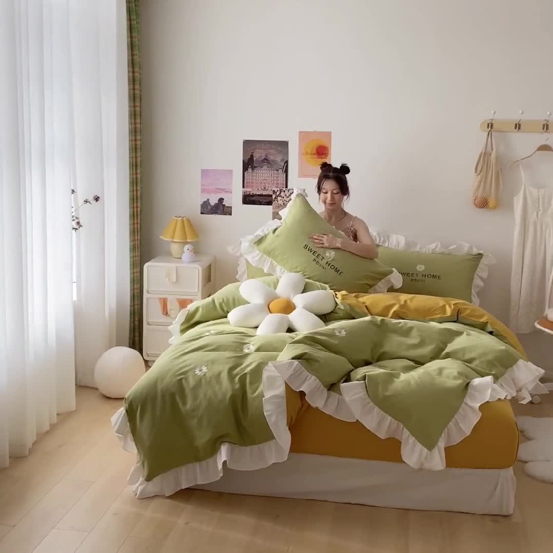 91家纺网 家纺一手货源 找家纺 蓝巢2021新款全棉水洗棉刺绣四件套公主风系列奶油小花-绿