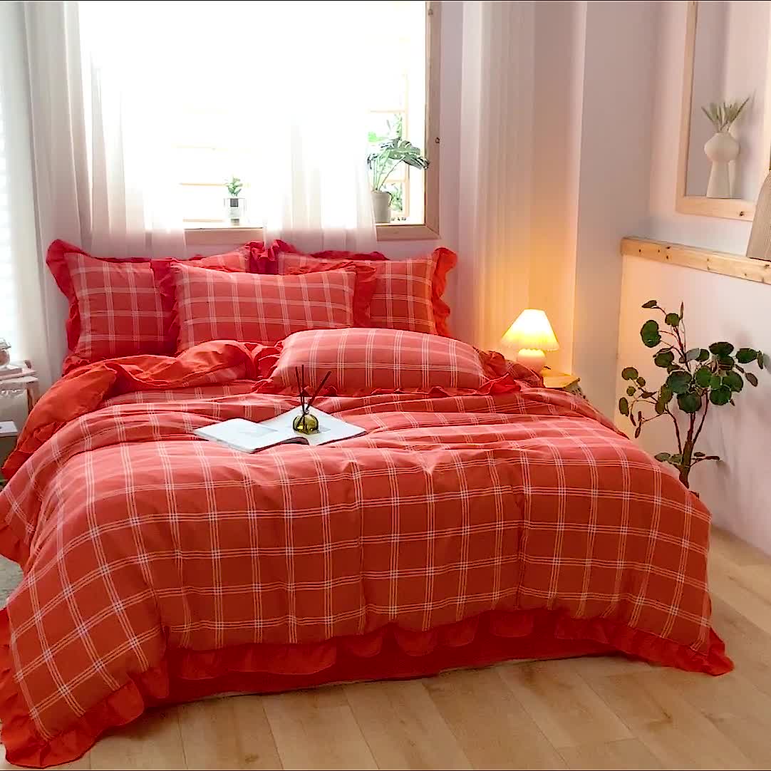 91家纺网 家纺一手货源 找家纺 绒兔兔 2021韩版水洗棉时尚格四件套 橙格