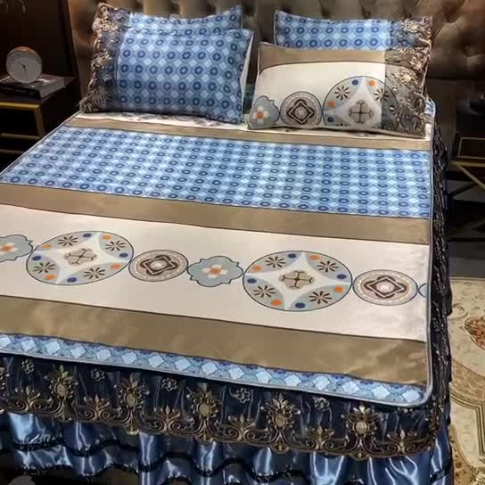 91家纺网 家纺一手货源 找家纺 ds生活馆 2021新款欧式床裙款冰丝席凉席 清风和韵