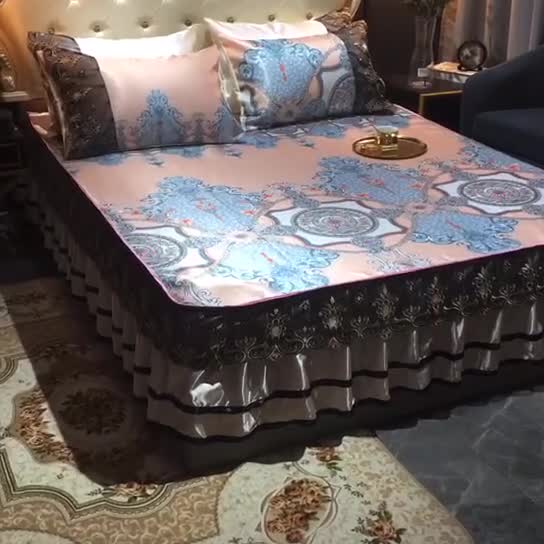 91家纺网 家纺一手货源 找家纺 ds生活馆 2021新款欧式床裙款冰丝席凉席 维纳斯粉