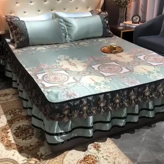 91家纺网 家纺一手货源 找家纺 ds生活馆 2021新款欧式床裙款冰丝席凉席 维纳斯绿