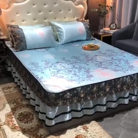 91家纺网 家纺一手货源 找家纺 ds生活馆 2021新款欧式床裙款冰丝席凉席 悉尼蓝