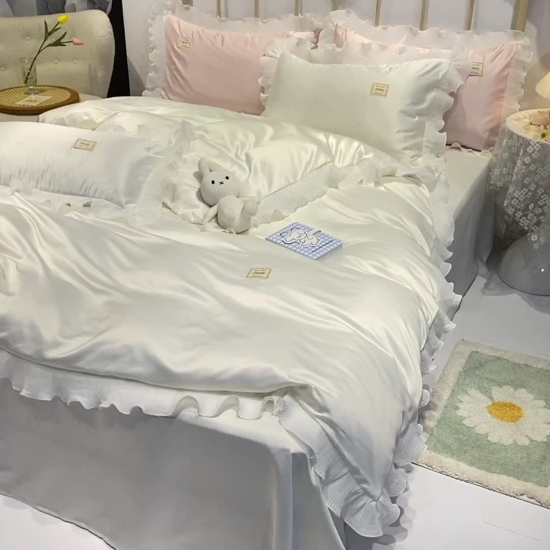 91家纺网 家纺一手货源 找家纺 艾米 2025新款水洗真丝雪纺花边揽梦系列四件套 奶白