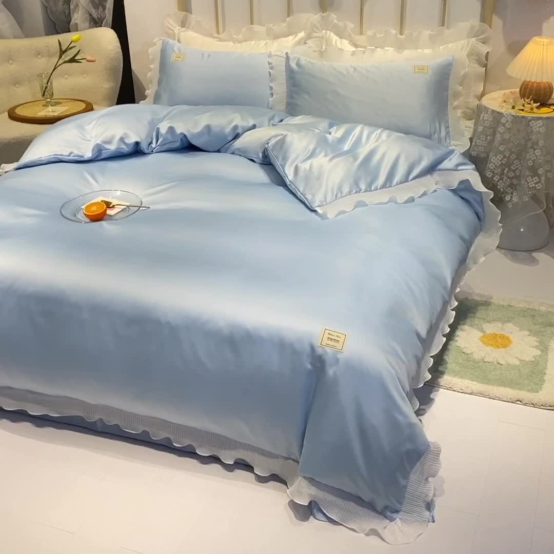 91家纺网 家纺一手货源 找家纺 艾米 2025新款水洗真丝雪纺花边揽梦系列四件套 天蓝