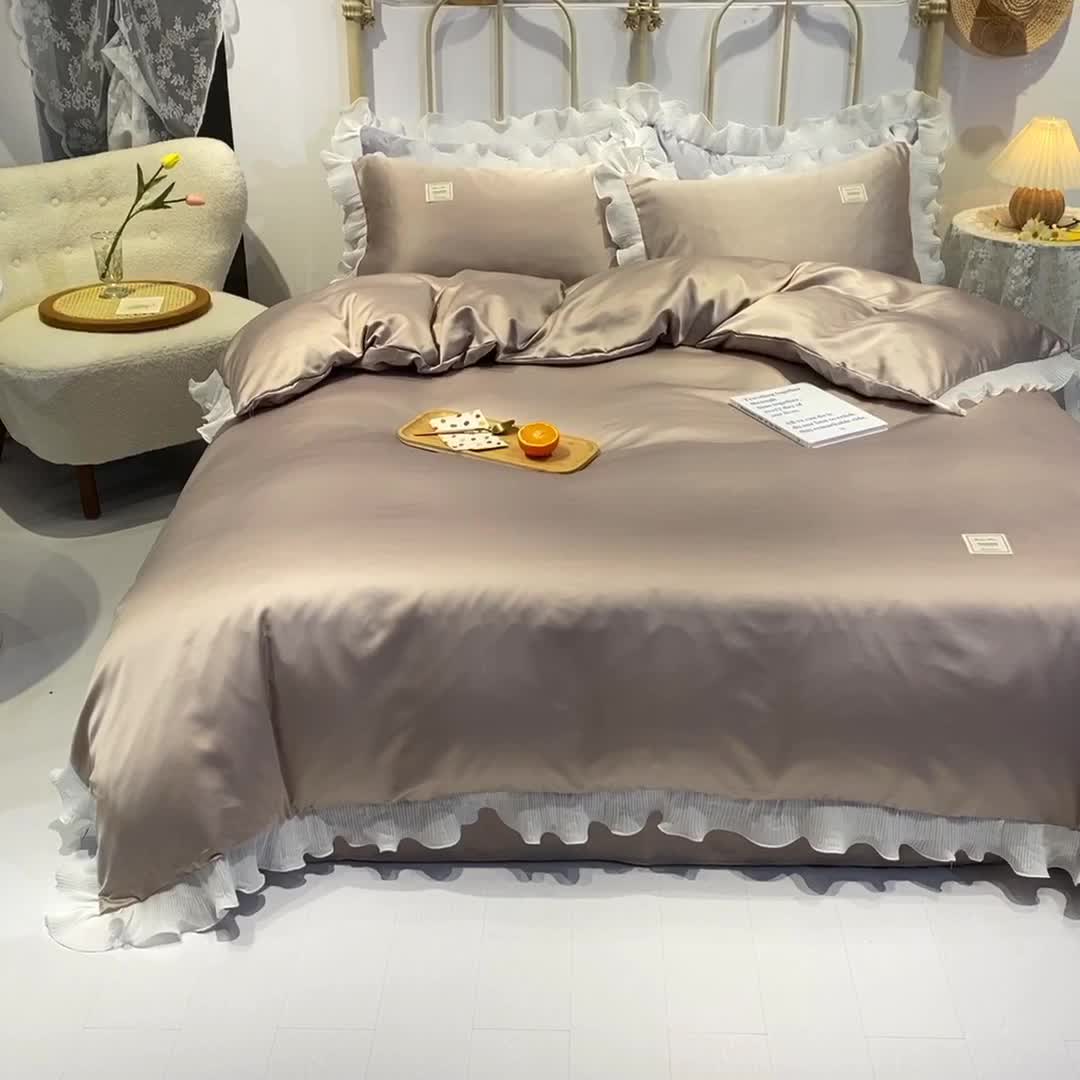 91家纺网 家纺一手货源 找家纺 艾米 2025新款水洗真丝雪纺花边揽梦系列四件套 香槟