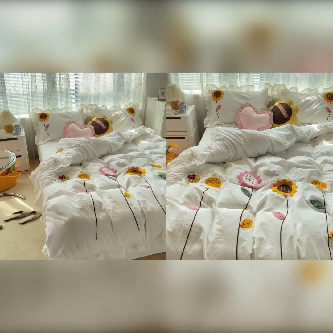 91家纺网 家纺一手货源 找家纺 淑女公社 2021新款全棉毛巾绣向日葵系列四件套 白色