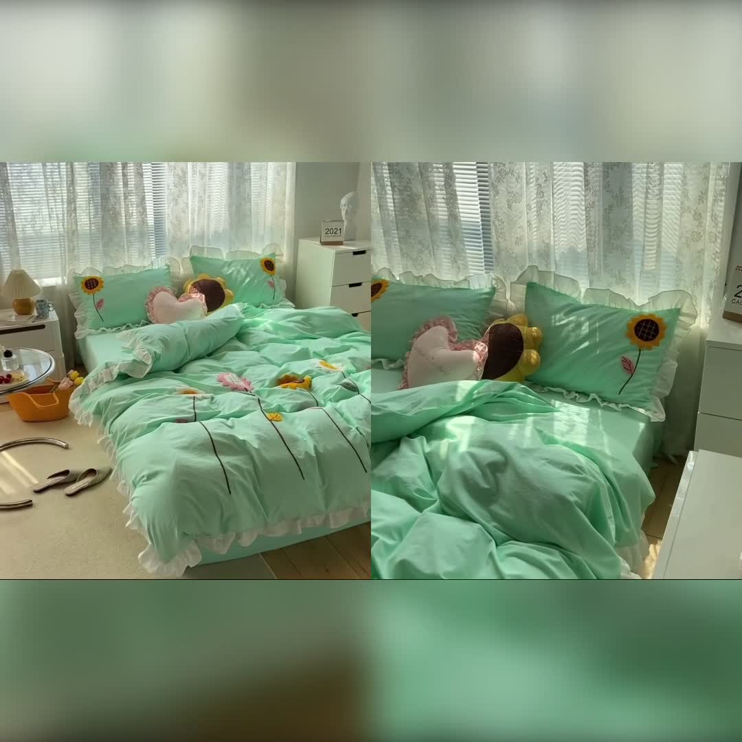 91家纺网 家纺一手货源 找家纺 淑女公社 2021新款全棉毛巾绣向日葵系列四件套 绿色