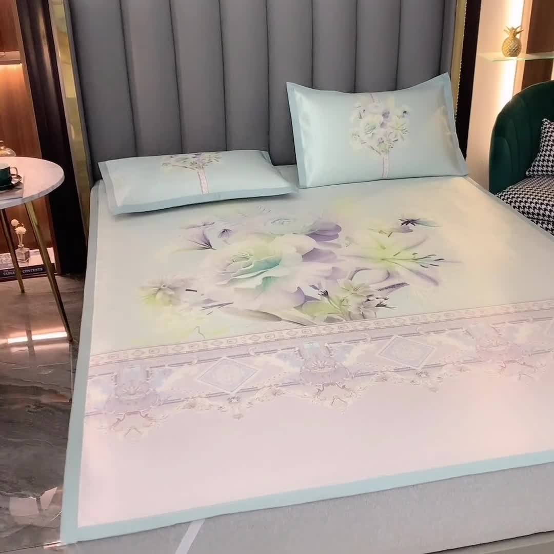 91家纺网 家纺一手货源 找家纺 小芽家居 2024新款冰丝斜纹提花凉席三件套 花开半夏