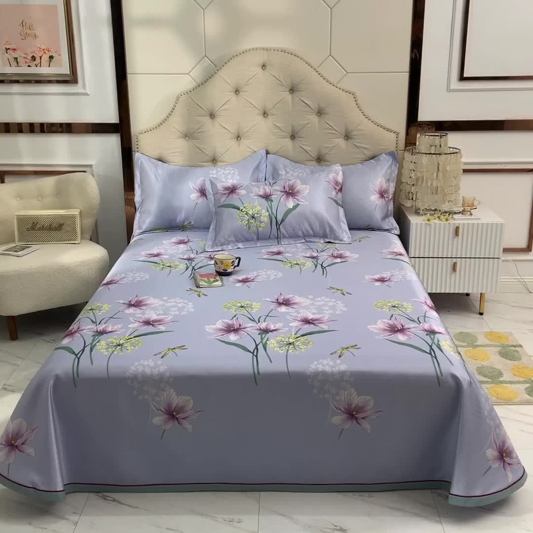 91家纺网 家纺一手货源 找家纺 甜之梦家纺 2025新款印花冰丝单品凉席床单款琼花玉叶灰紫