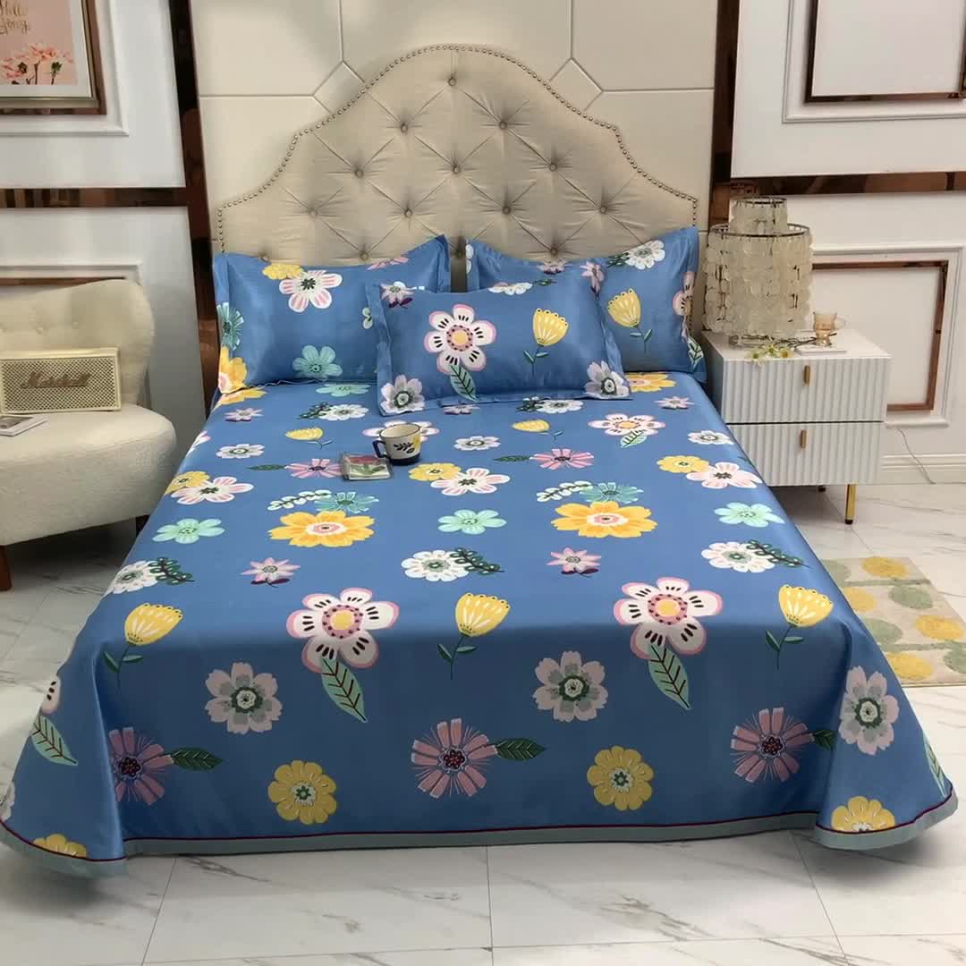 91家纺网 家纺一手货源 找家纺 甜之梦家纺 2025新款印花冰丝单品凉席床单款悠悠花香蓝