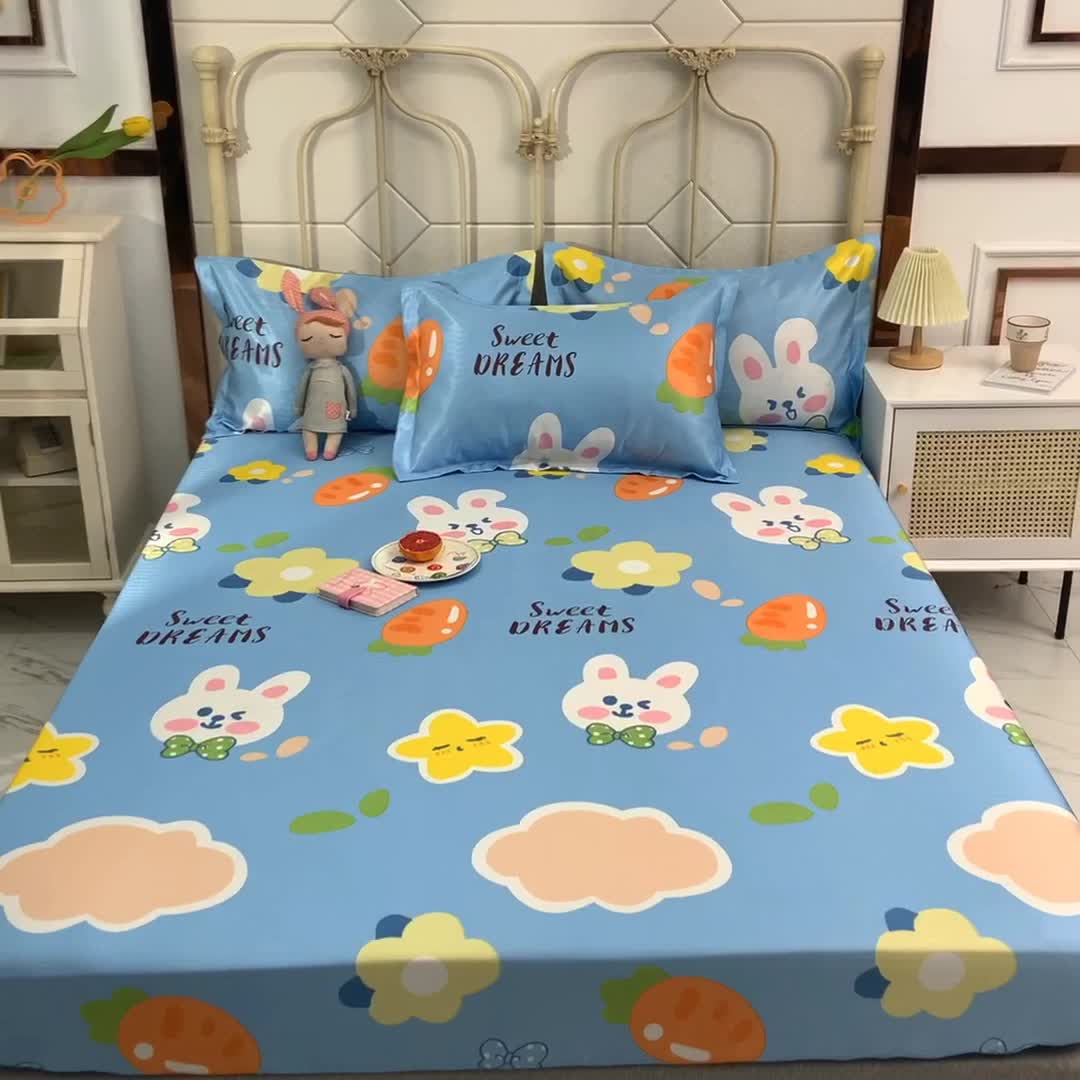 91家纺网 家纺一手货源 找家纺 甜之梦家纺 2025新款印花冰丝单品凉席床笠款爱心萌兔