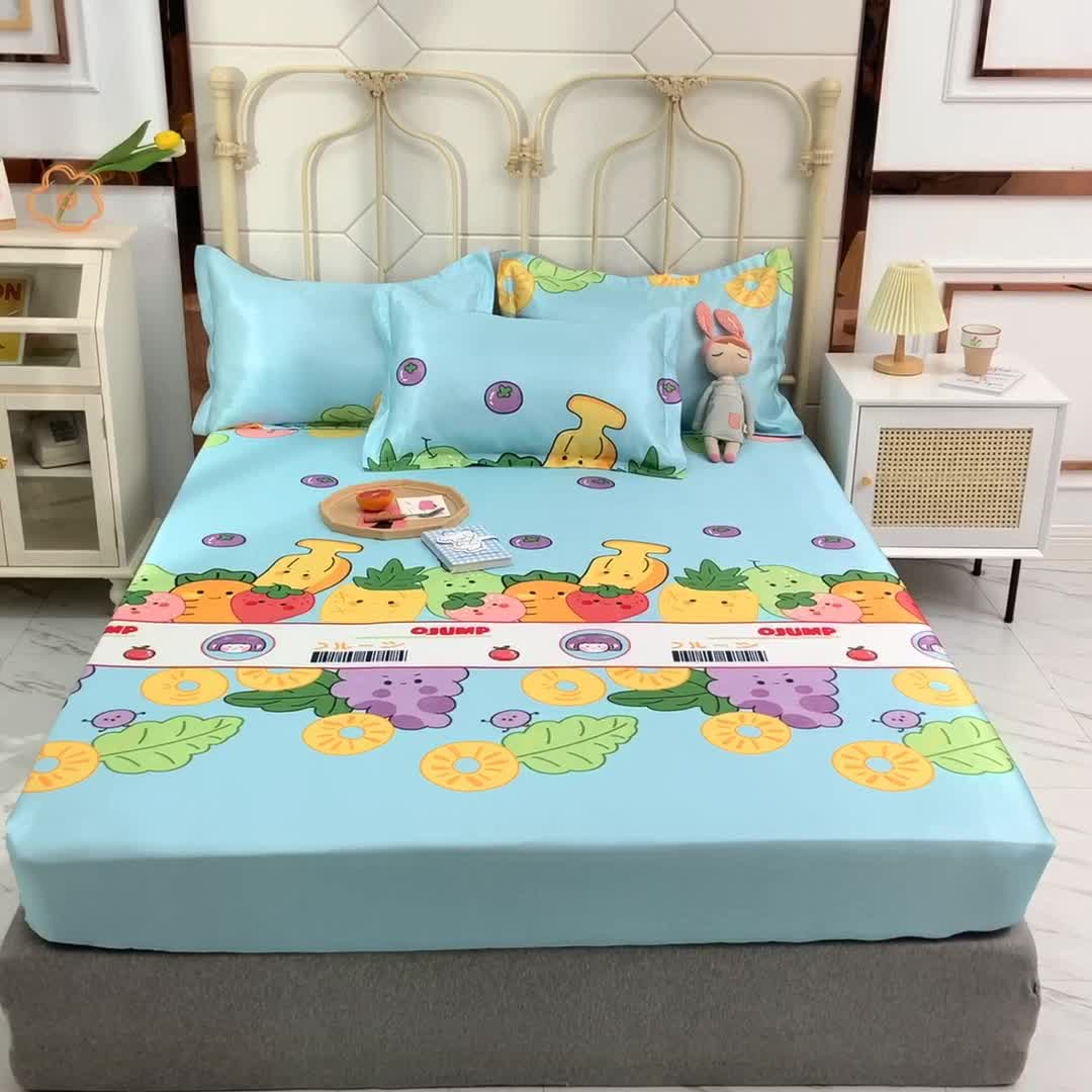 91家纺网 家纺一手货源 找家纺 甜之梦家纺 2025新款印花冰丝单品凉席床笠款水果乐园蓝