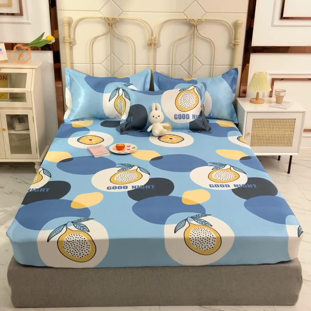 91家纺网 家纺一手货源 找家纺 甜之梦家纺 2025新款印花冰丝单品凉席床笠款夏日柠檬蓝