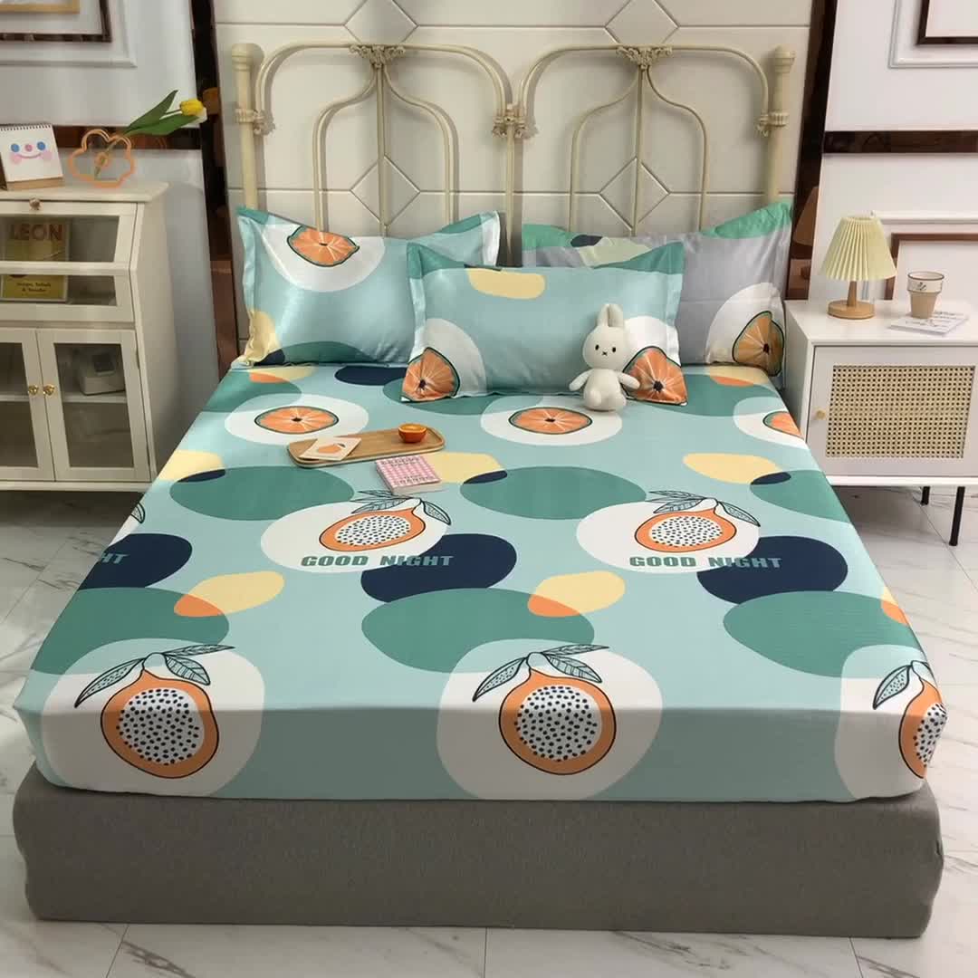 91家纺网 家纺一手货源 找家纺 甜之梦家纺 2025新款印花冰丝单品凉席床笠款夏日柠檬绿