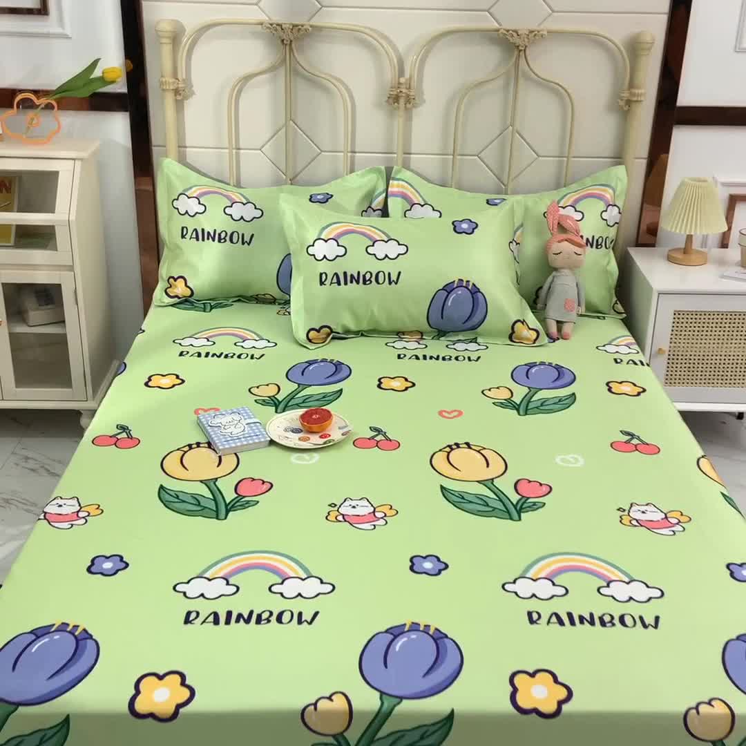 91家纺网 家纺一手货源 找家纺 甜之梦家纺 2025新款印花冰丝单品凉席床笠款夏日童年绿