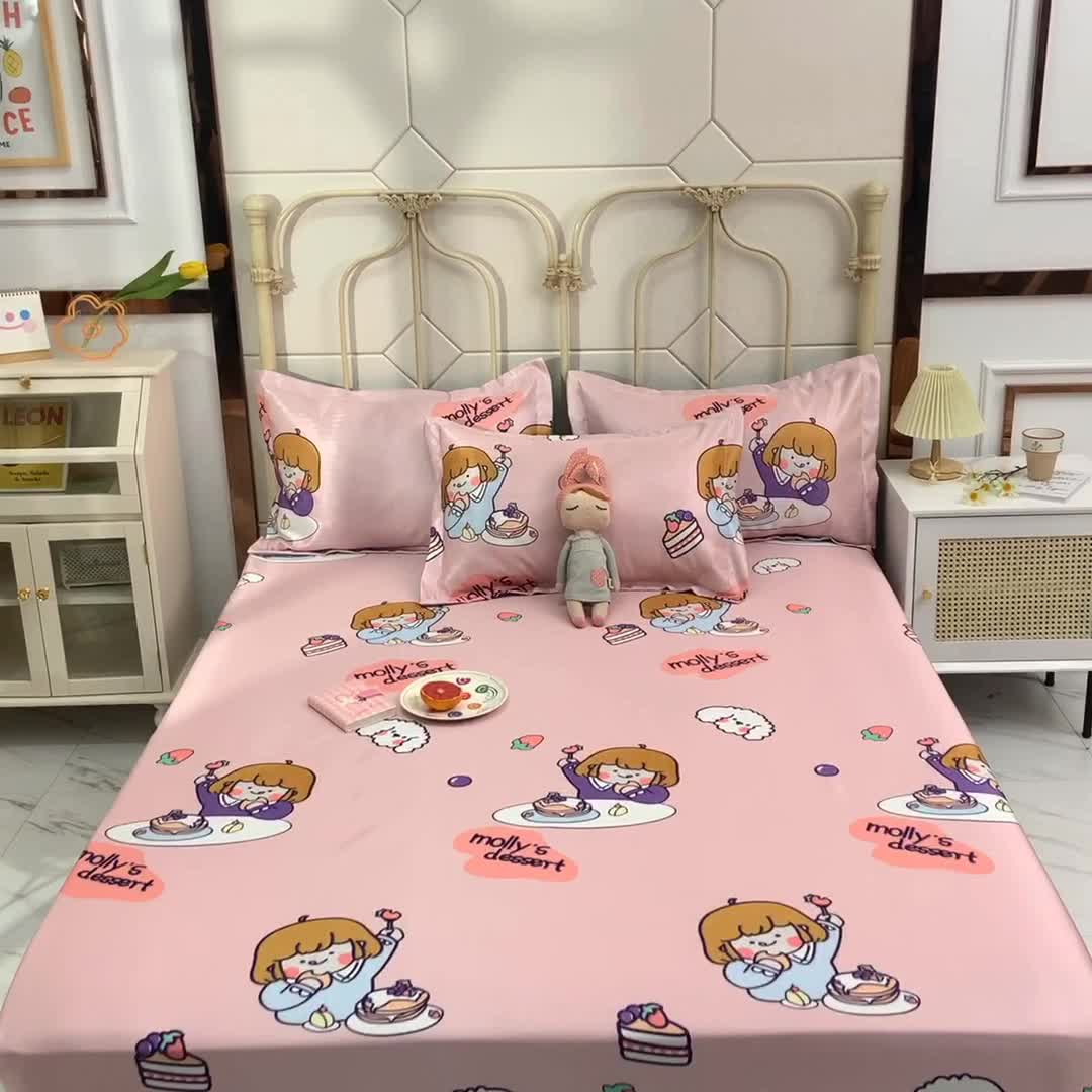 91家纺网 家纺一手货源 找家纺 甜之梦家纺 2025新款印花冰丝单品凉席床笠款小明同学粉