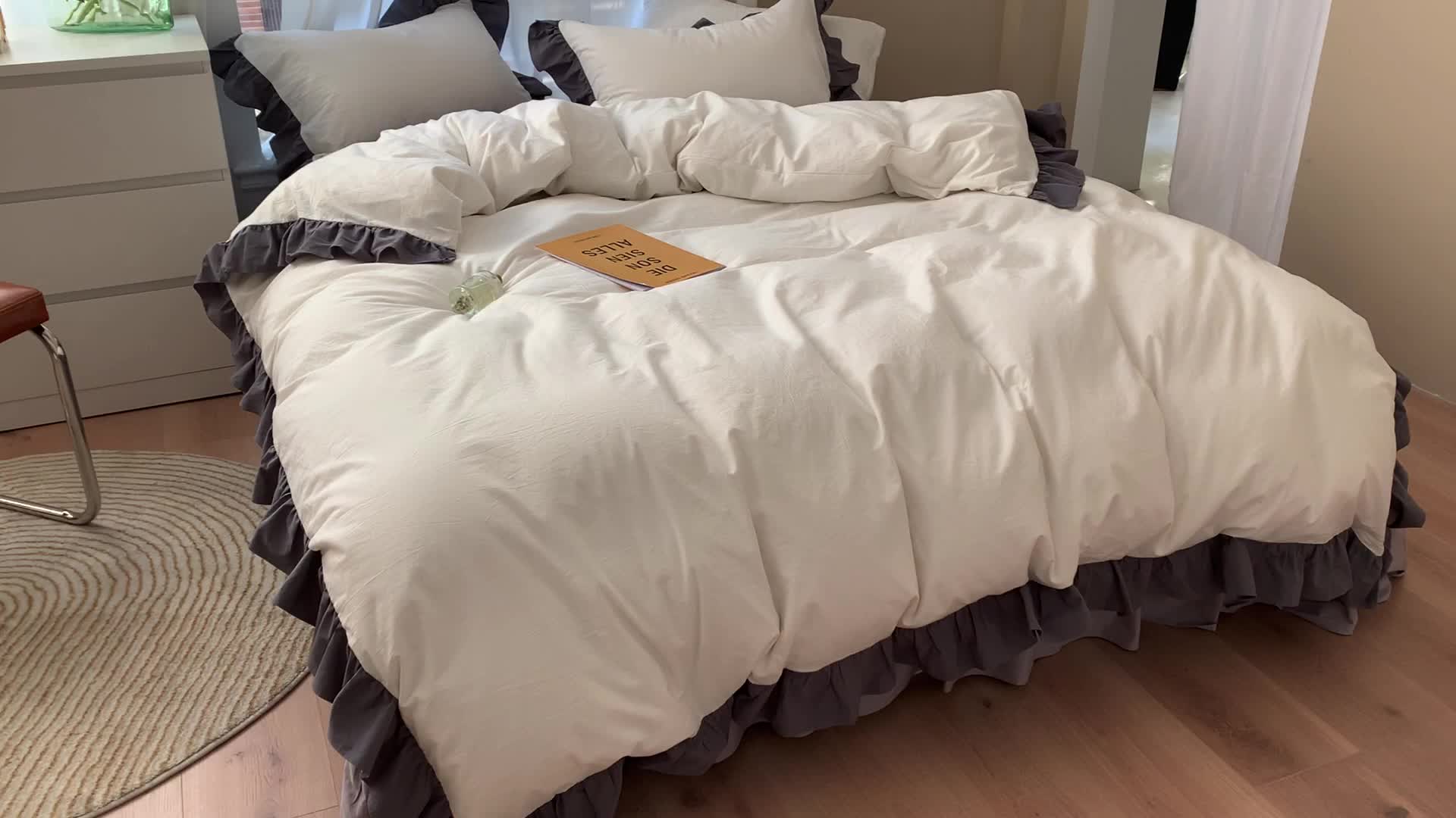 91家纺网 家纺一手货源 找家纺 时年家纺 2021新款水洗棉花边款四件套 月光银云