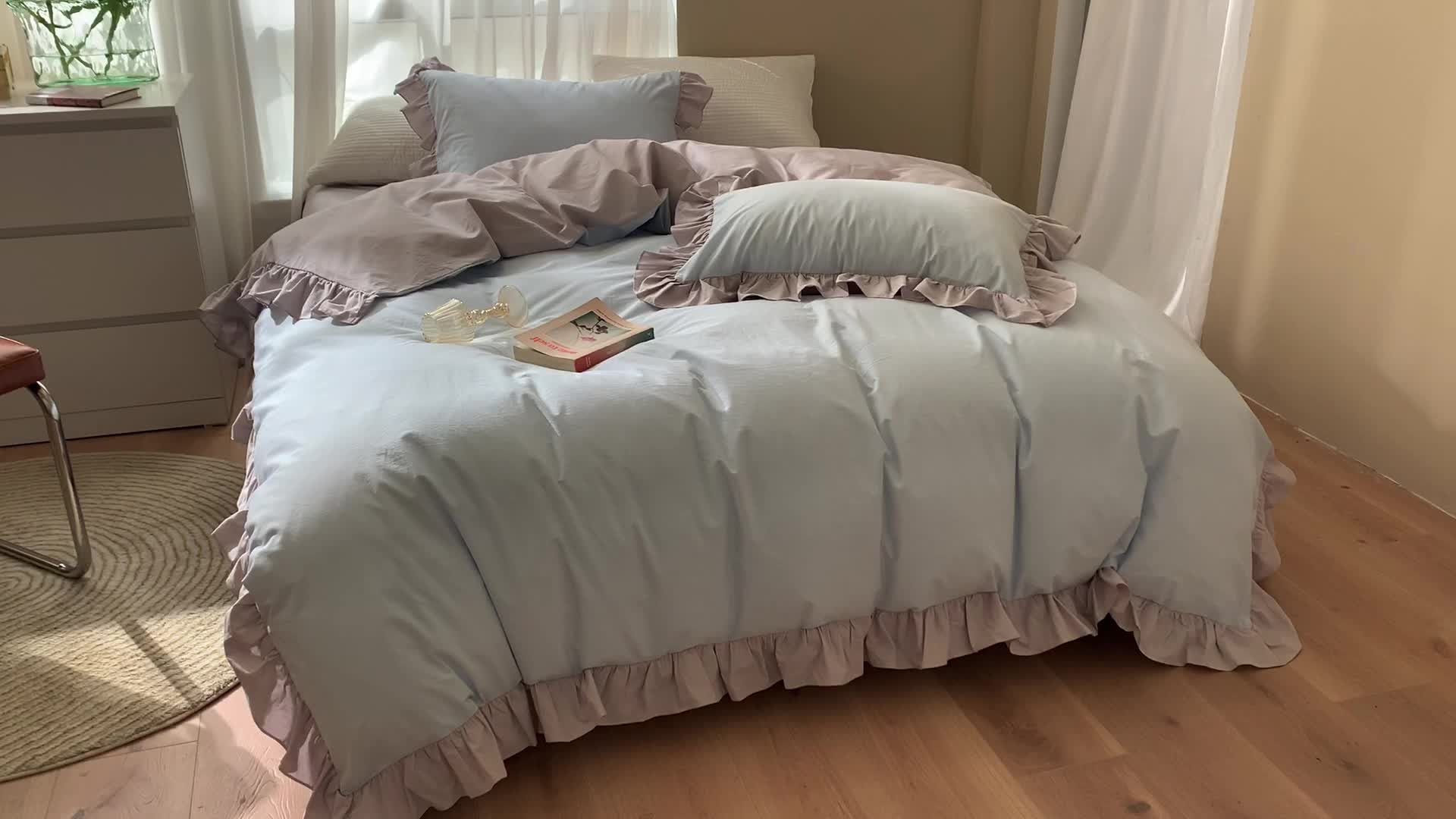 91家纺网 家纺一手货源 找家纺 时年家纺 2021新款水洗棉花边款四件套 和风蓝灰