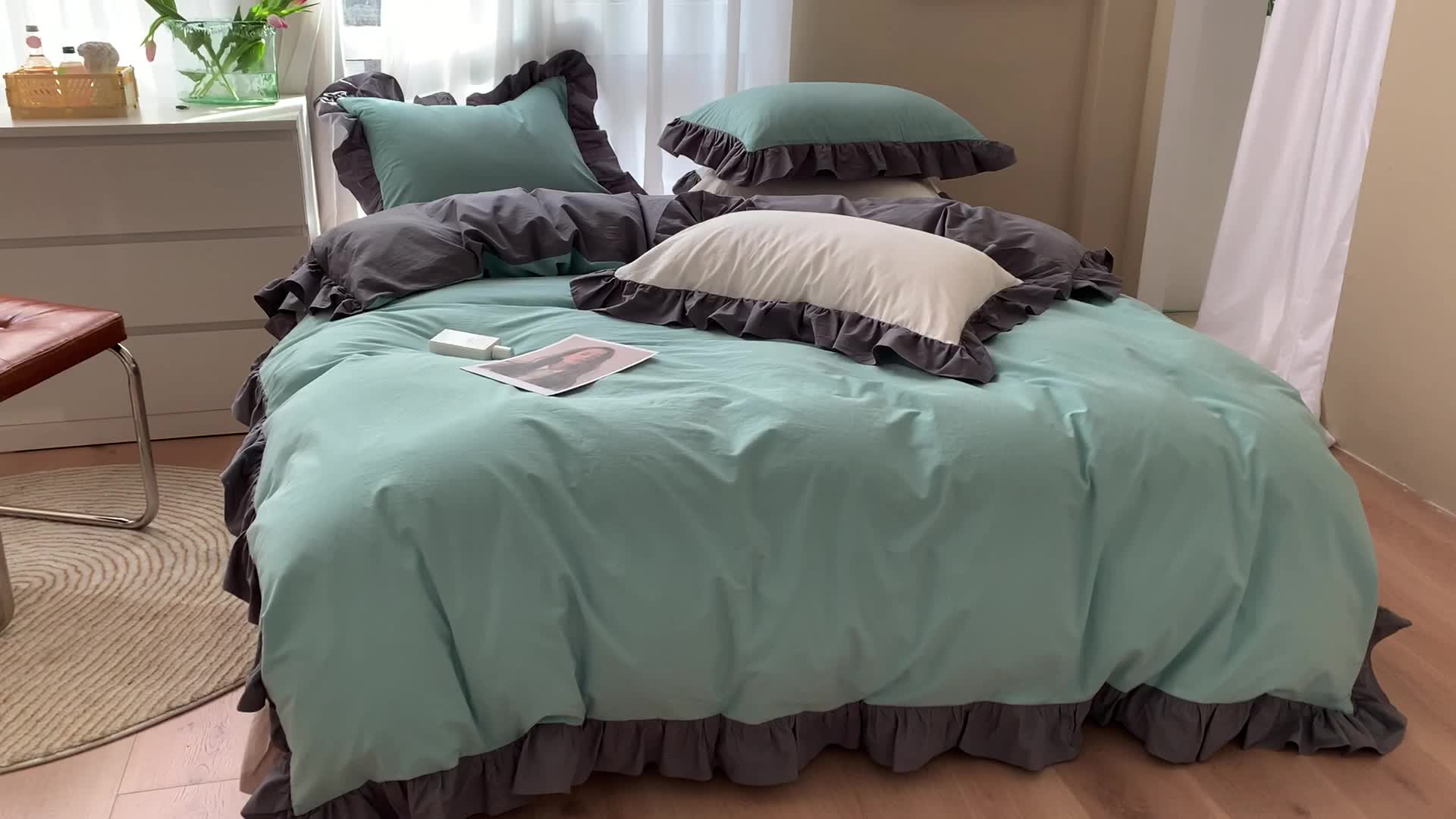 91家纺网 家纺一手货源 找家纺 时年家纺 2021新款水洗棉花边款四件套 豆蔻青灰