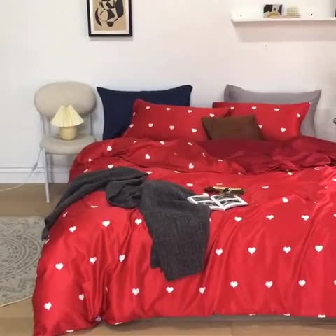 91家纺网 家纺一手货源 找家纺 琪格格纺织 2022新款水洗真丝印花四件套 爱恋红