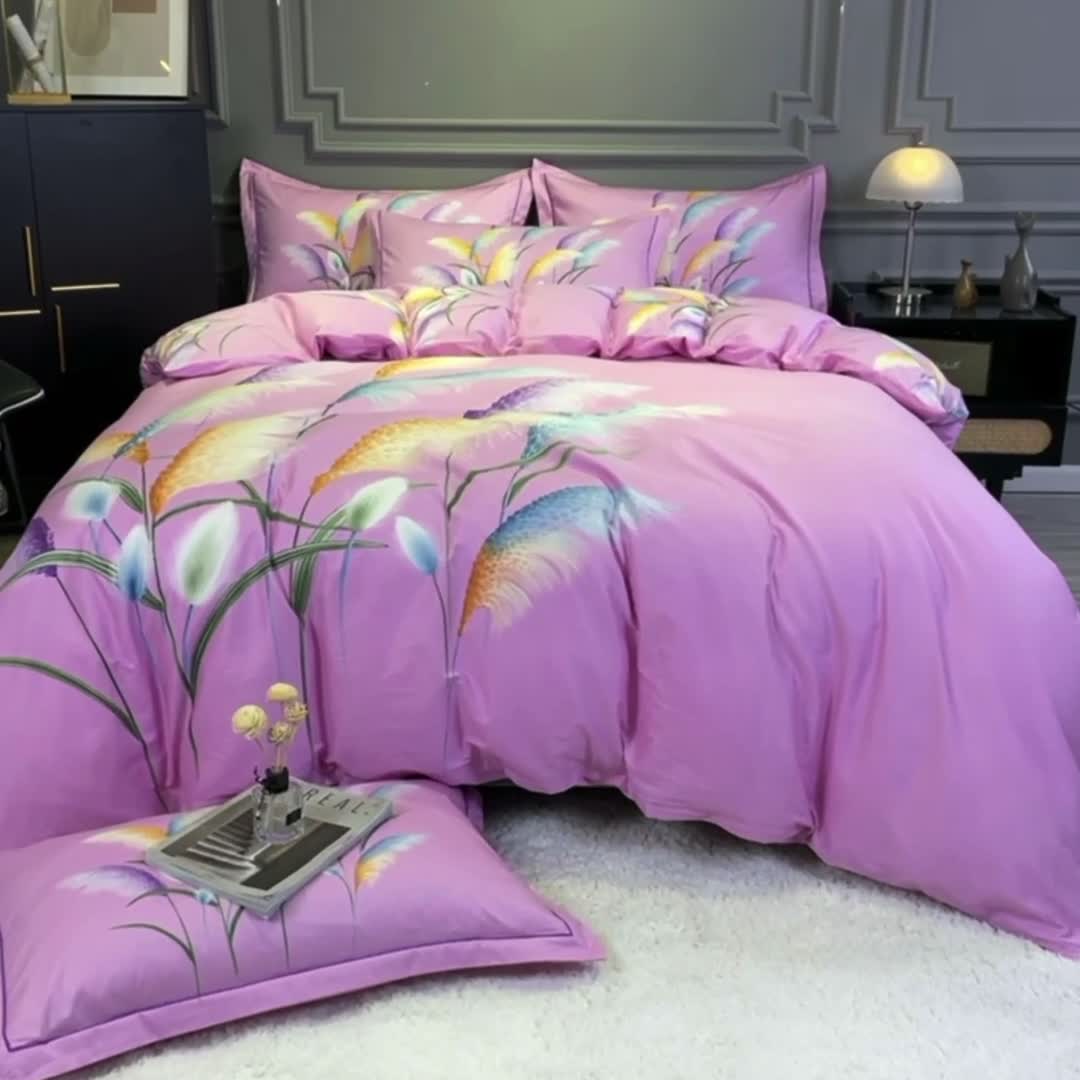 91家纺网 家纺一手货源 找家纺 金爱家 2021新款全棉活性花卉系列四件套 穗禾粉