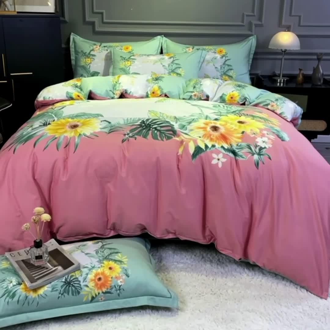 91家纺网 家纺一手货源 找家纺 金爱家 2021新款全棉活性花卉系列四件套 夏威夷之恋-粉