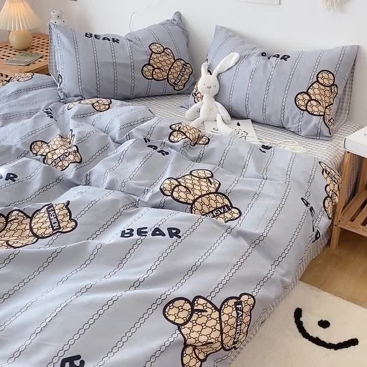 91家纺网 家纺一手货源 找家纺 2022年新款卡通系列全棉印花四件套实拍图直播爆款 时尚熊